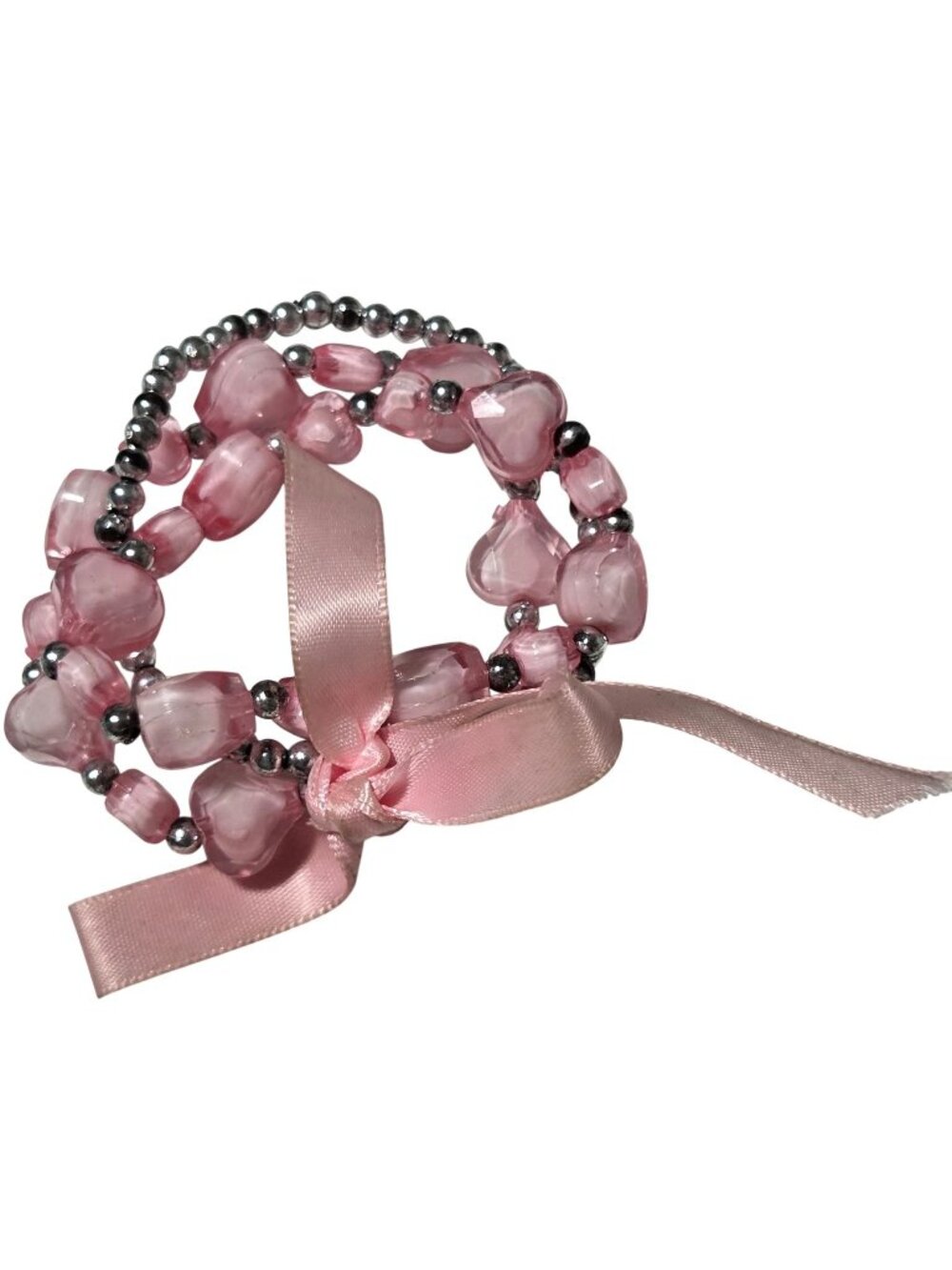 Pink Heart Beaded Bracelet Ribbon Bow Accent Princess Coquette Fashion Jewelry